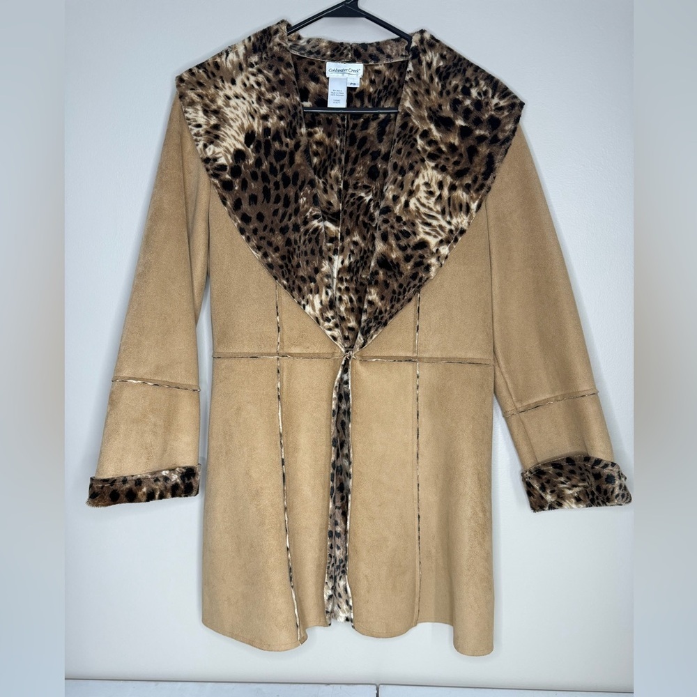 Coldwater Creek Tan Teddy Jacket with Leopard Trim
